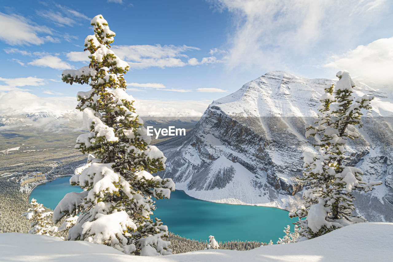 Snowy lake louise, banff, albert, canada