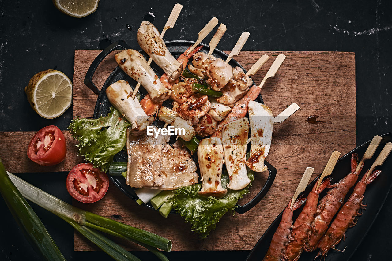 high angle view of seafood on table