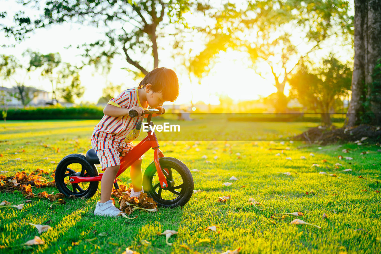 Boy with bicycle on grass