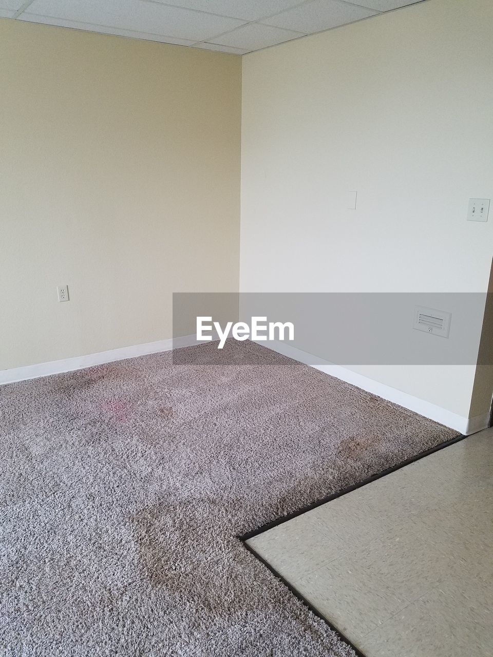 LOW ANGLE VIEW OF WHITE WALL WITH CLOSED DOOR AND CEILING