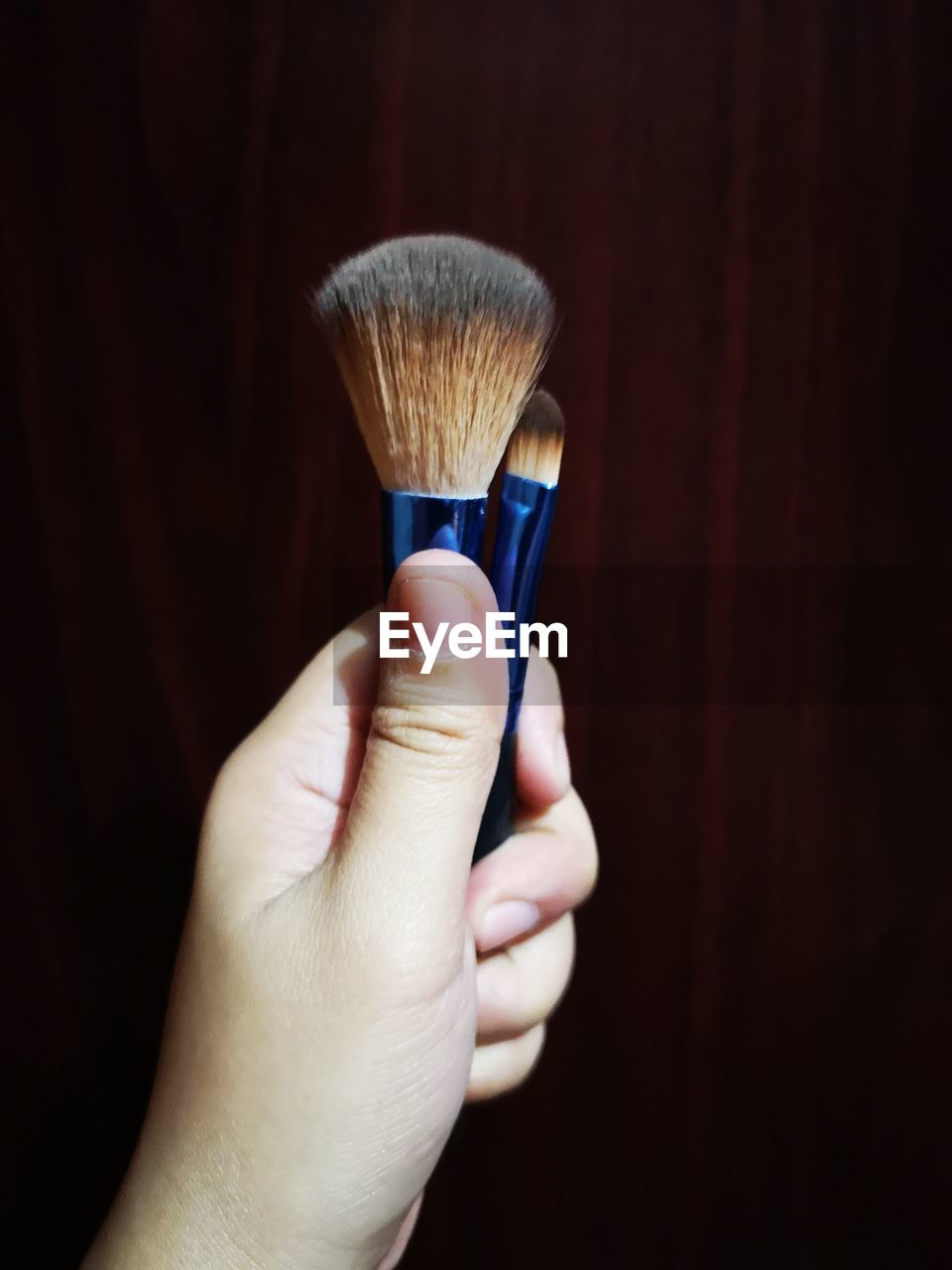 Close-up of cropped hand holding make-up brushes