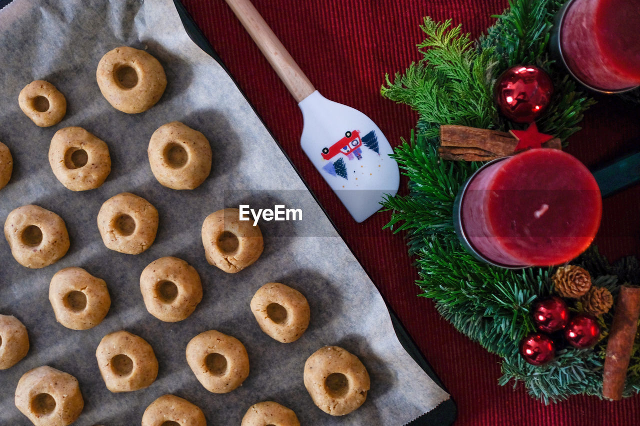 High angle view of christmas decorations on table
