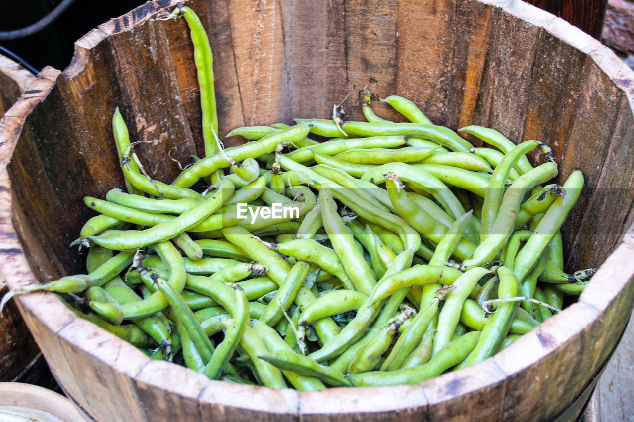 HIGH ANGLE VIEW OF GREEN CHILI PEPPERS IN MARKET