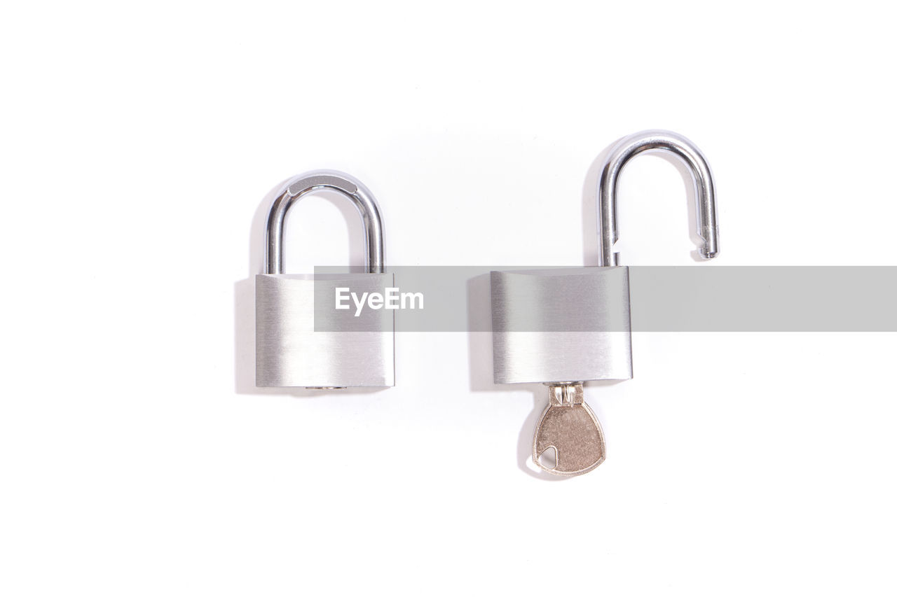 lock, metal, padlock, cut out, protection, silver, security, white background, studio shot, indoors, no people, copy space, business, close-up, steel