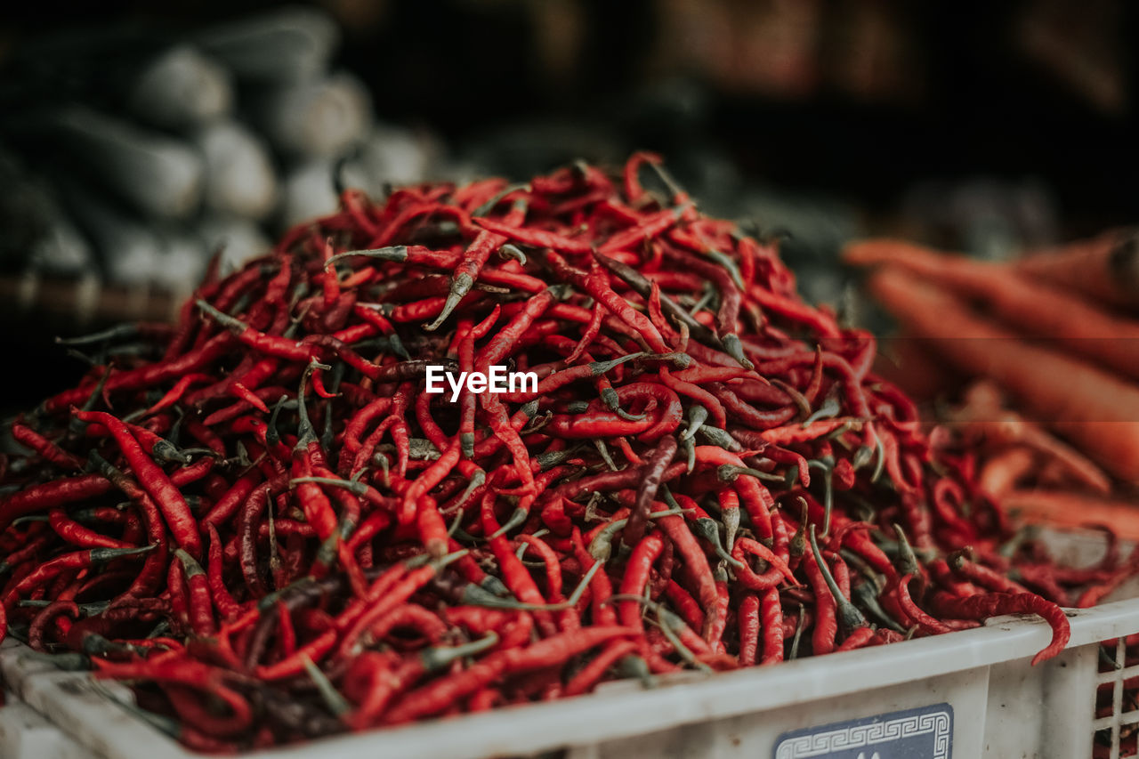 Red chili peppers for sale in market