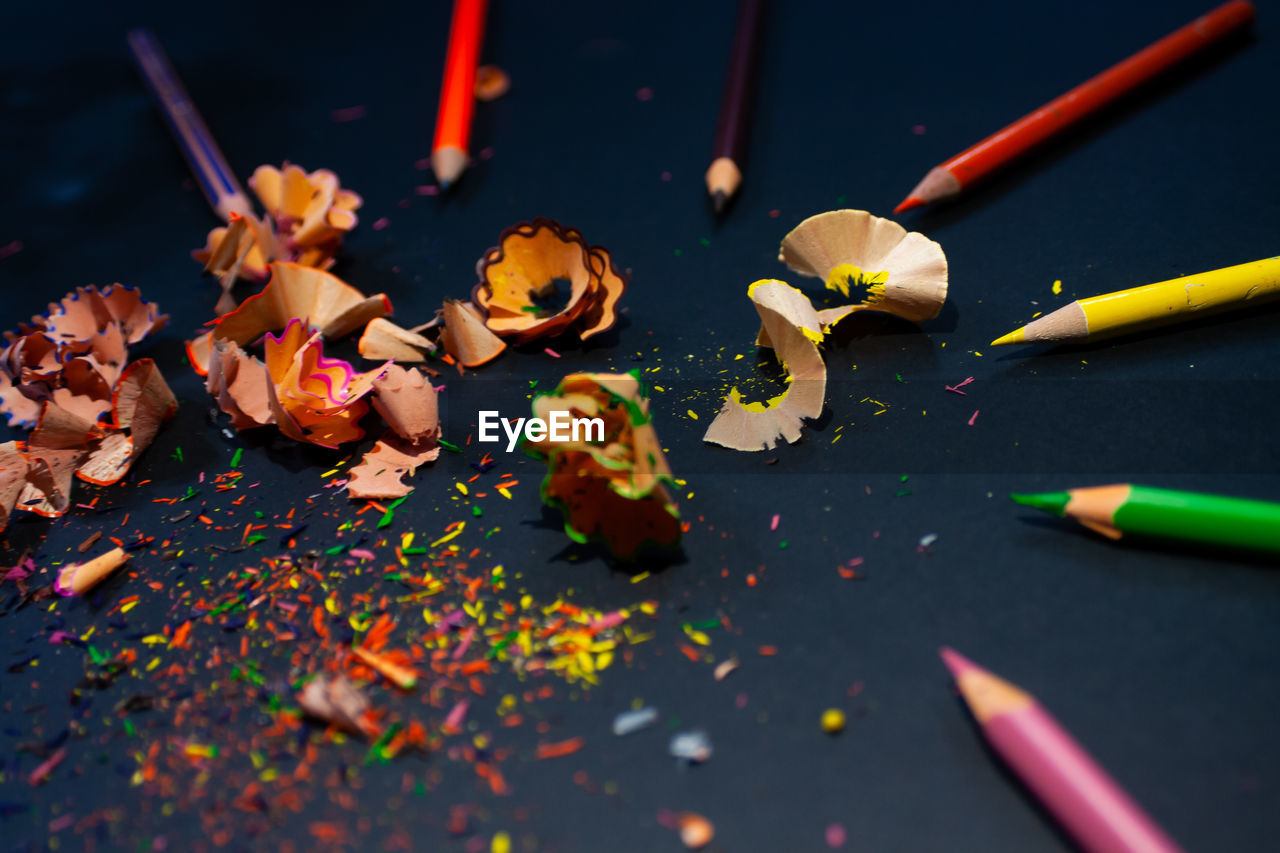 High angle view of multi colored pencils on table