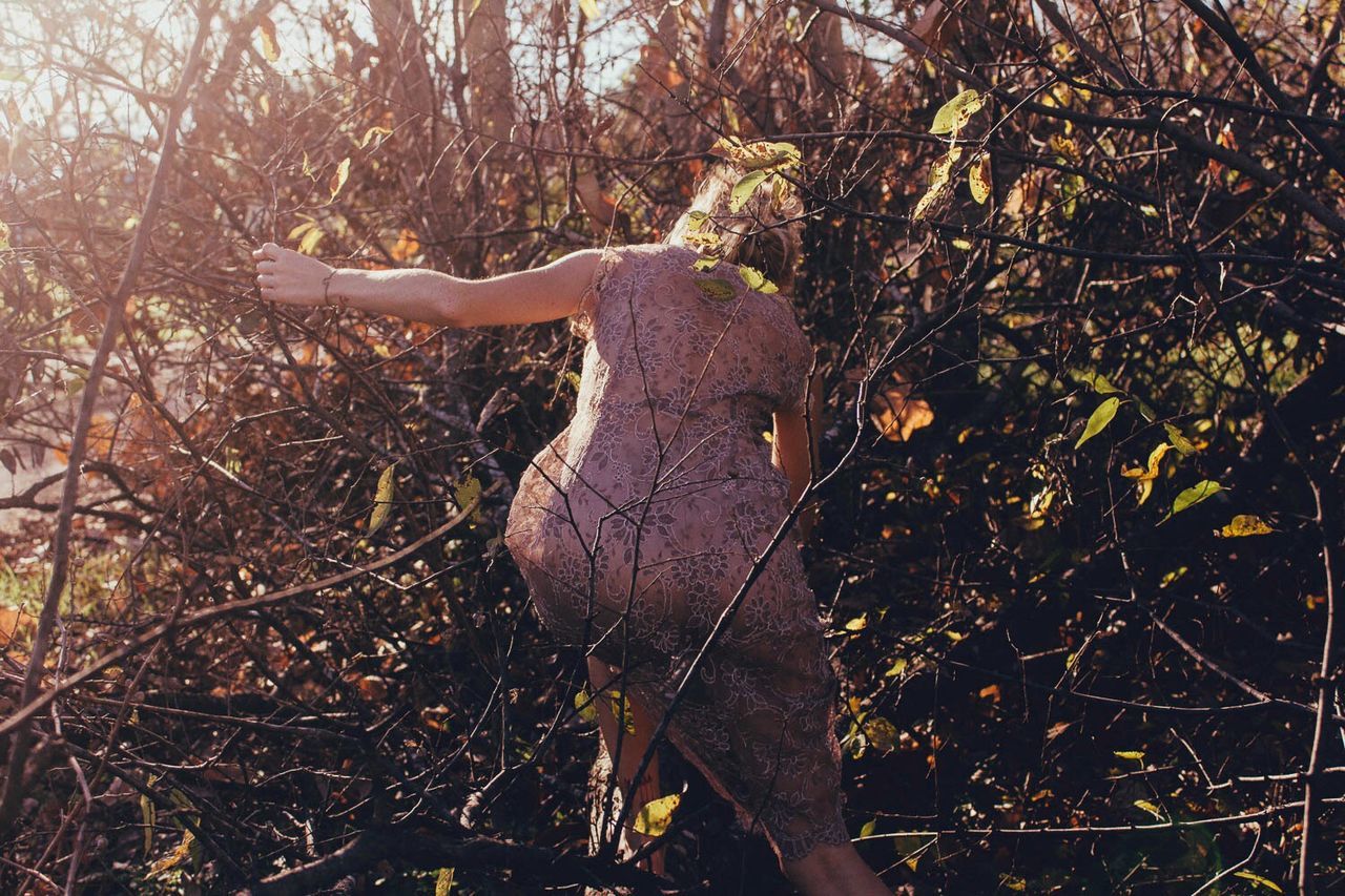 Rear view of woman bending amidst trees