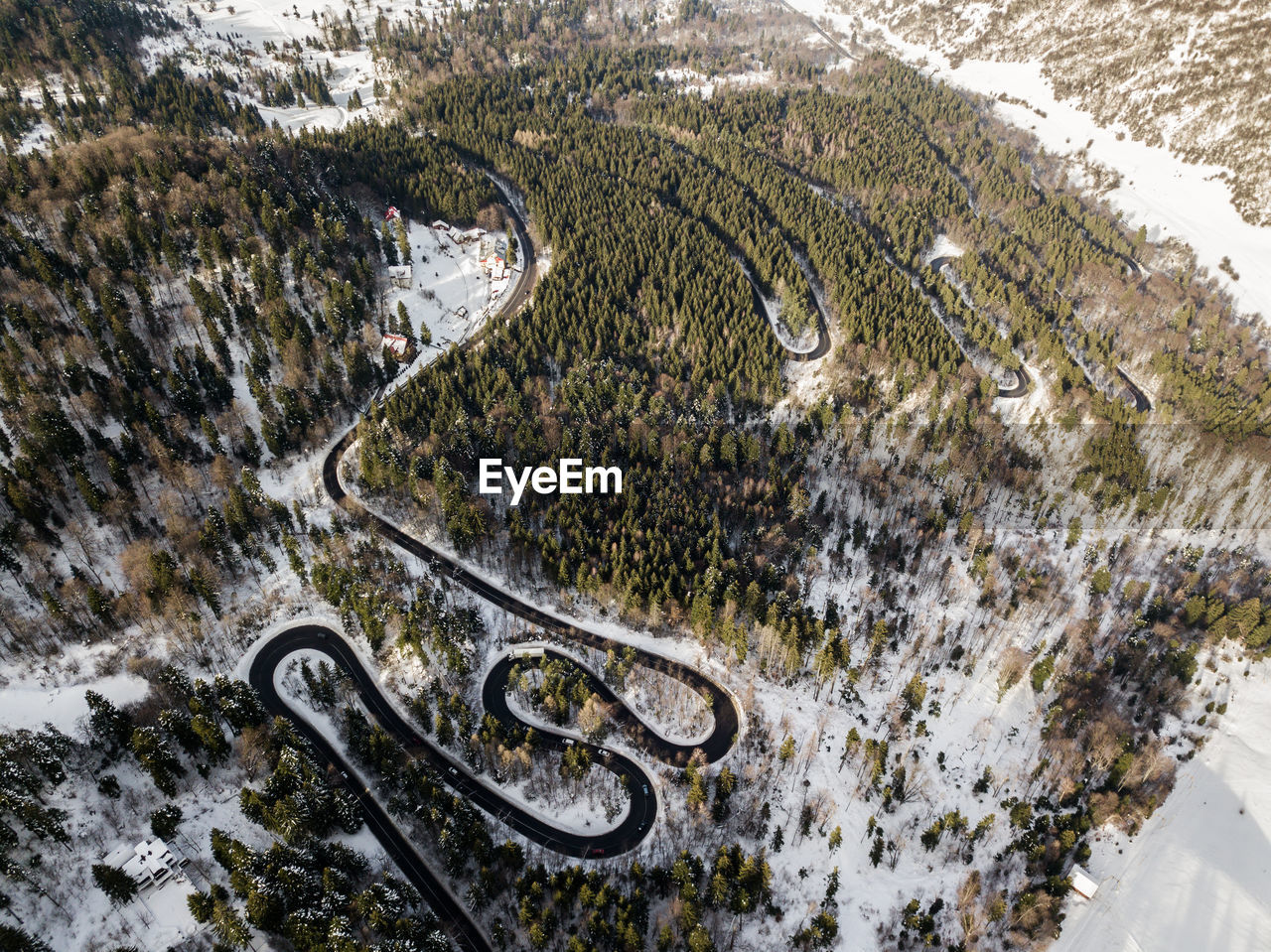 High angle view of road on snow covered landscape