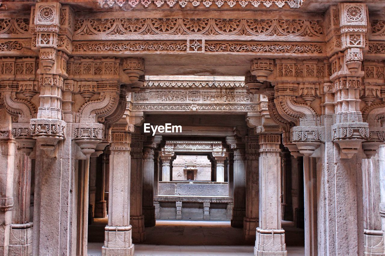 Beautifully carved pillars of adalaj ki vav stepwell in gujarat state of india