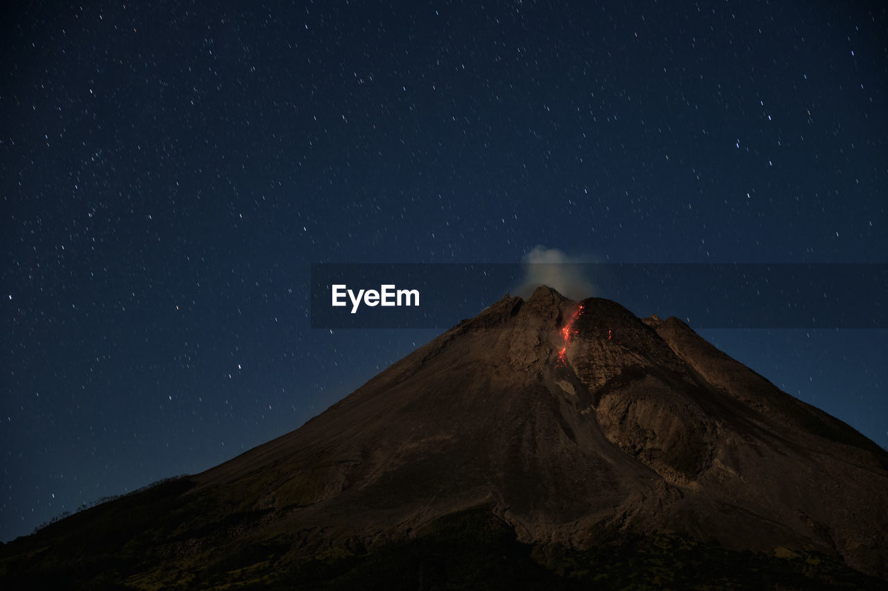 Mount merapi erupts with high intensity at night during a full moon