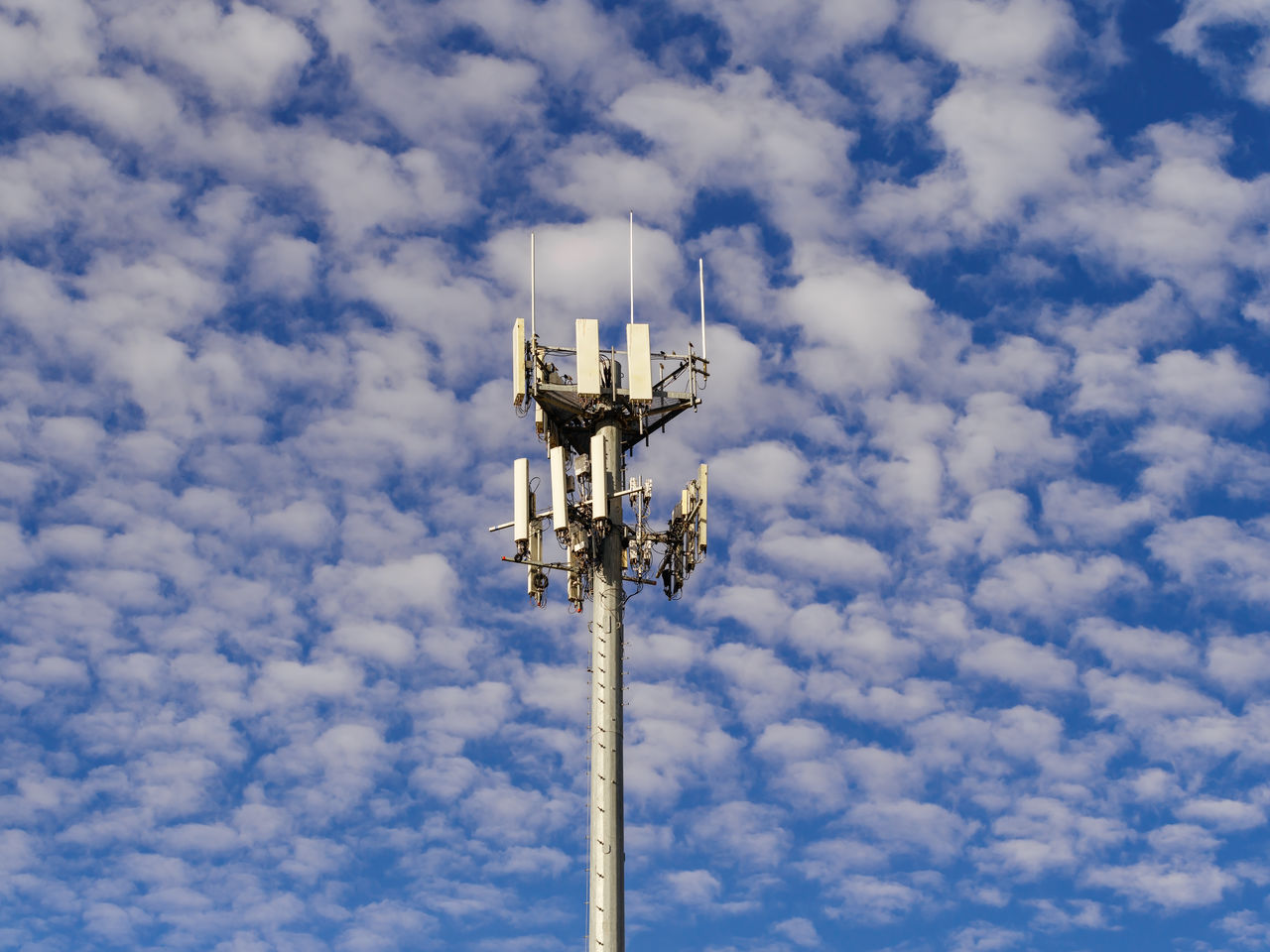 Cell phone communications tower against a partly cloudy blue sky.