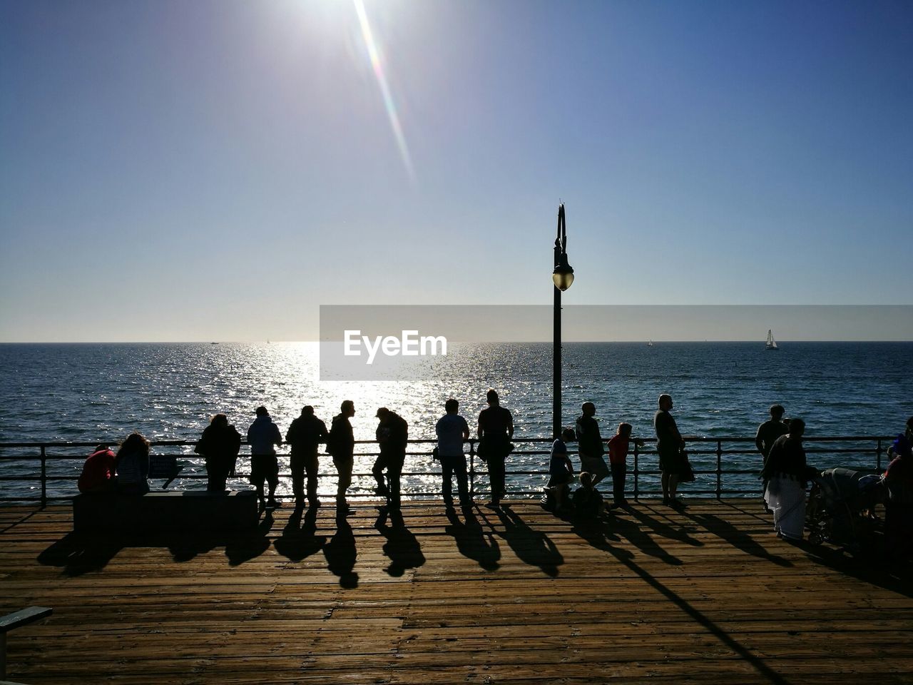 SILHOUETTE PEOPLE IN SEA AGAINST CLEAR SKY