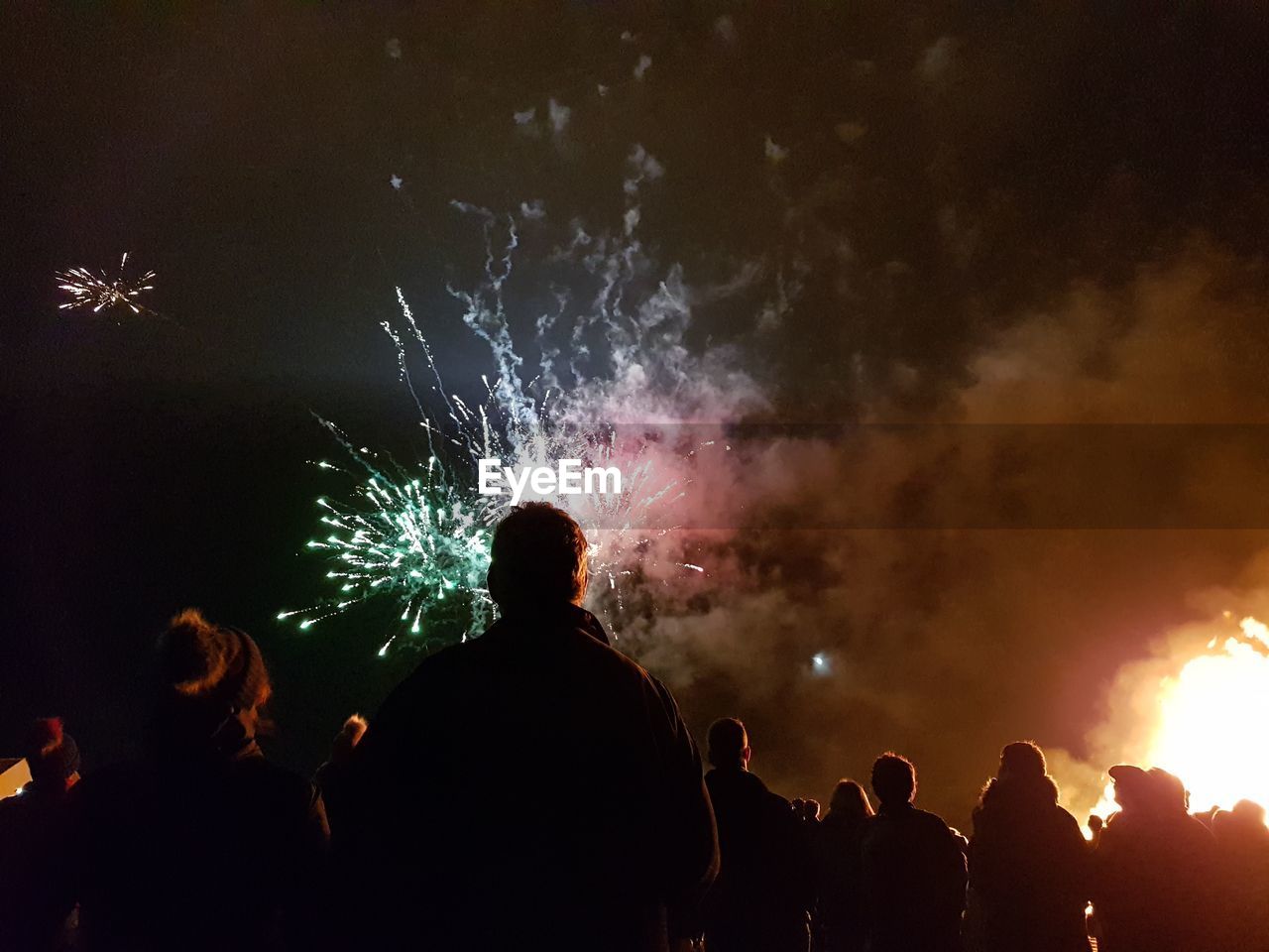 Rear view of silhouette people watching firework display at night