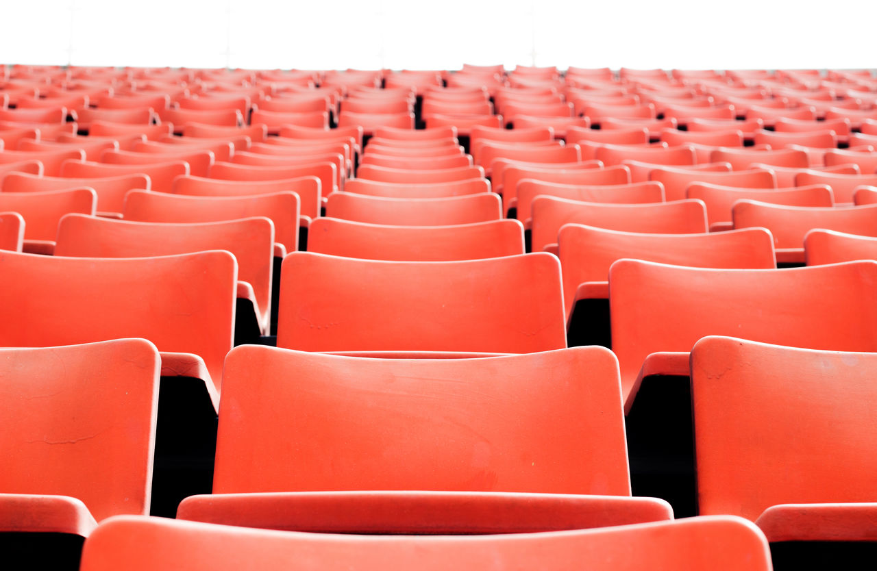 No people sitting in sport stadium seat in coronavirus pandemic and lock down social