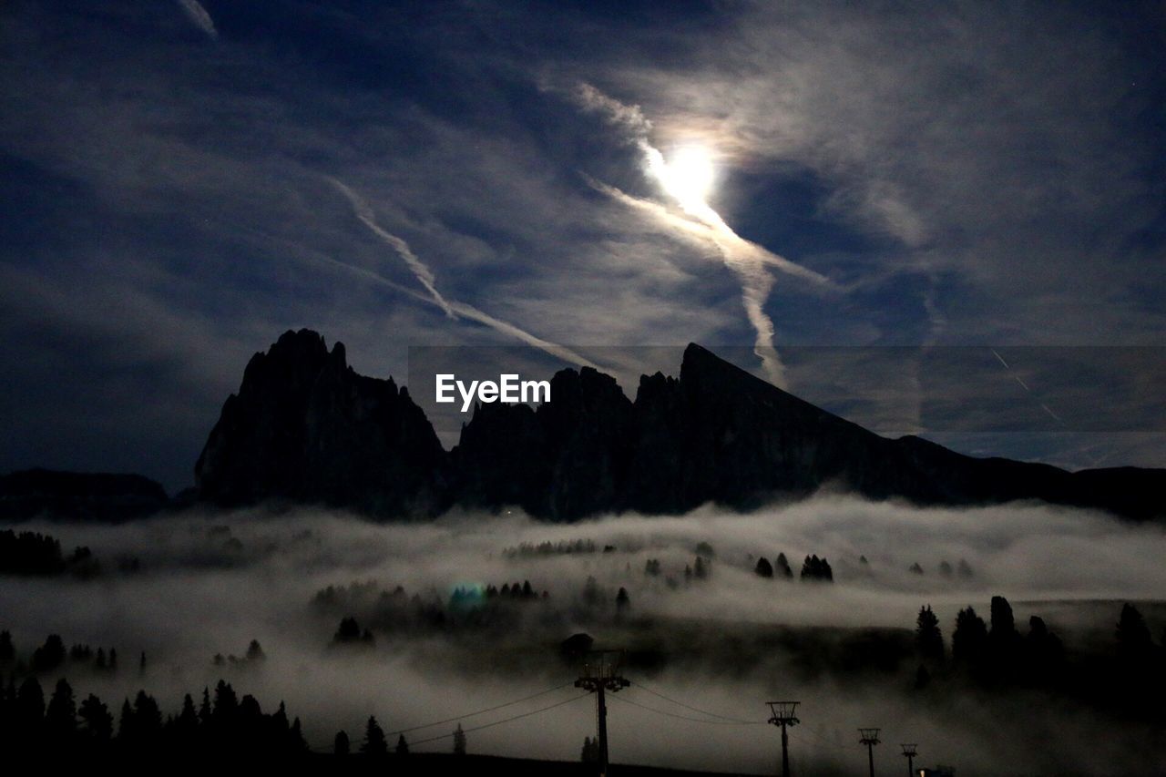 Forest in fog and mountain on background