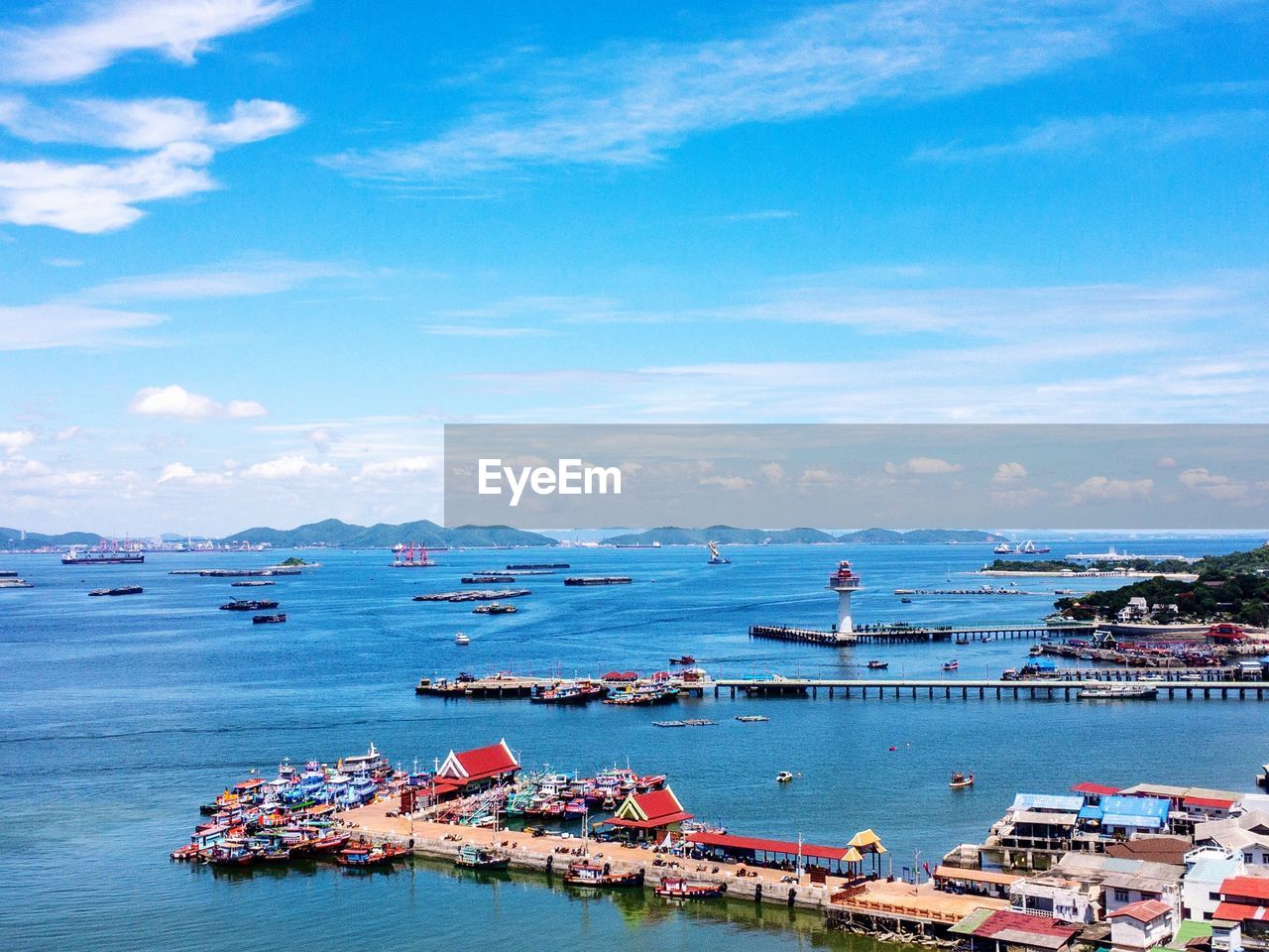 High angle view of ship moored at harbor