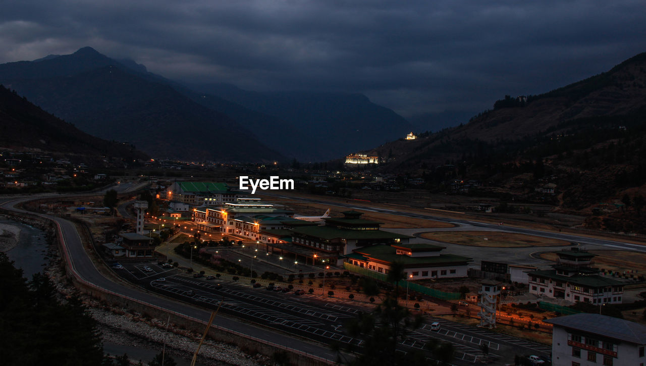 High angle view of illuminated paro city airport 