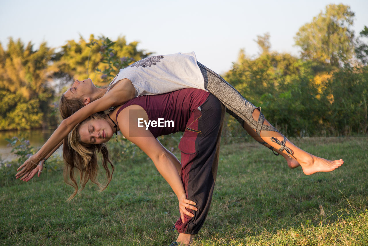 Side view of young female friends practicing yoga on grass