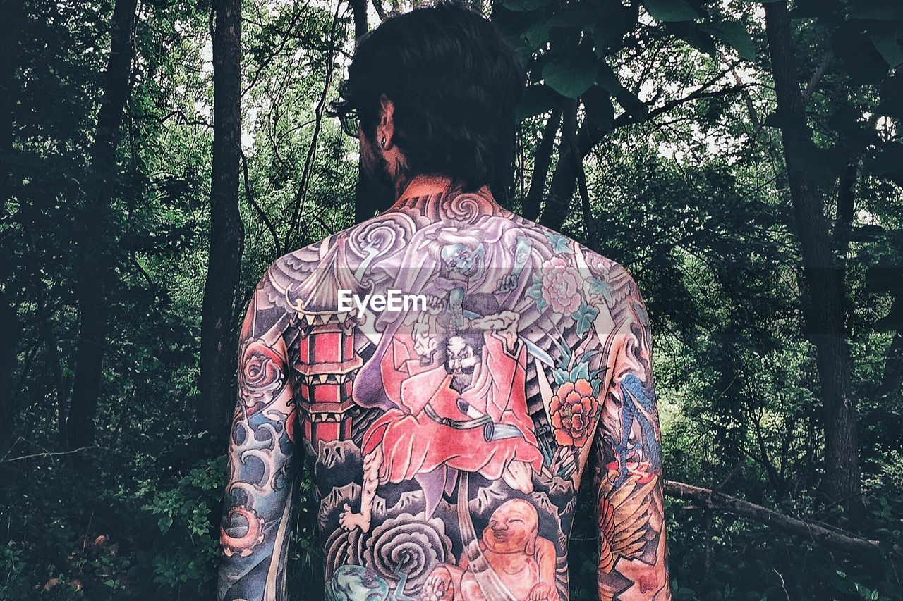Rear view of tattooed man standing amidst trees in forest