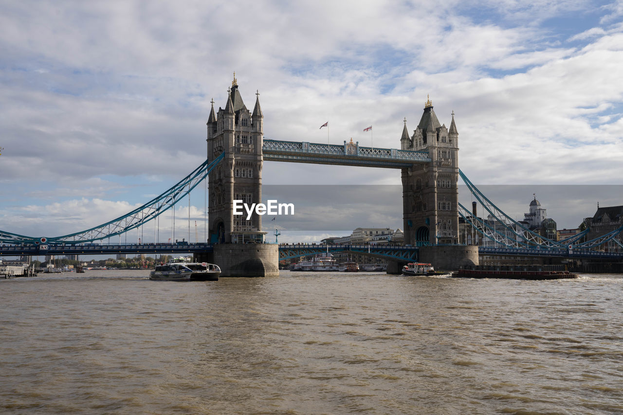 View of suspension bridge against cloudy sky