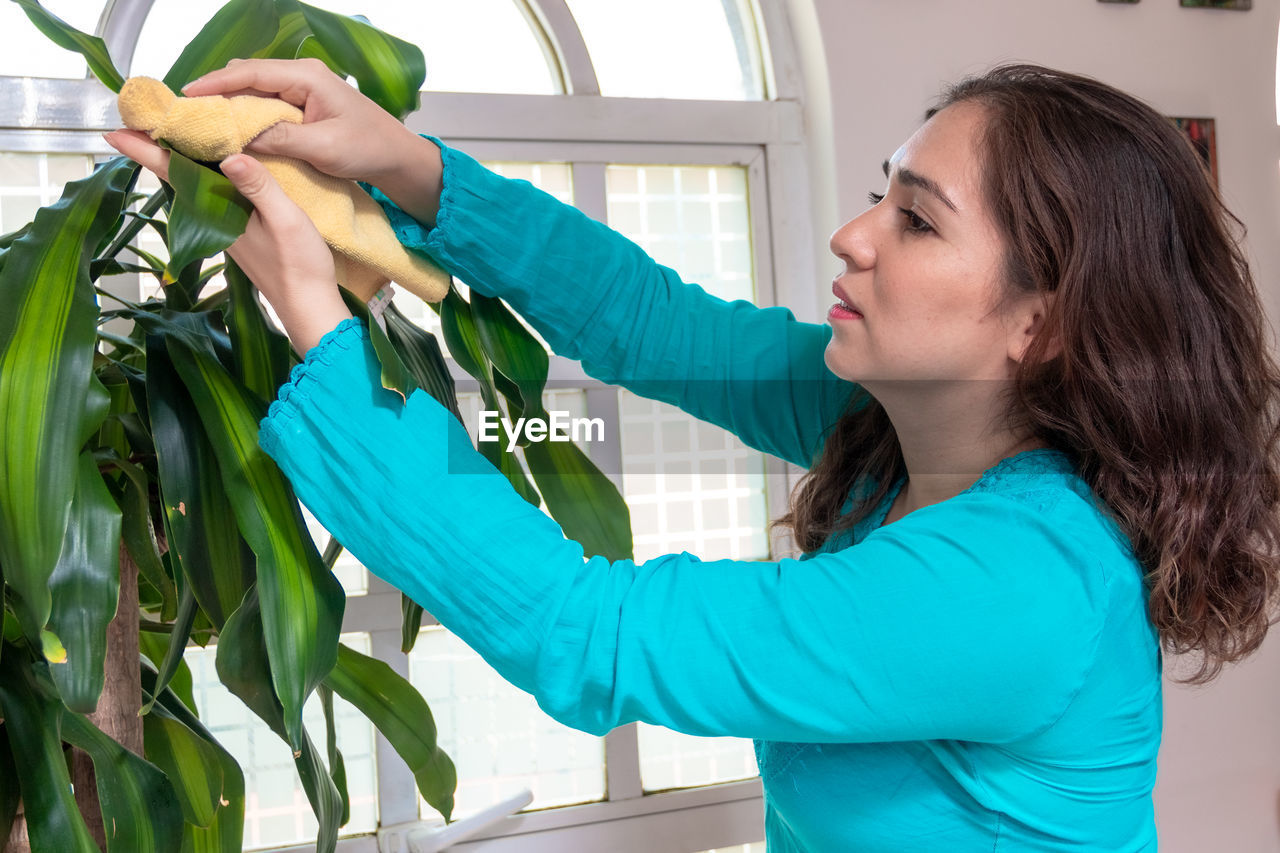 Woman wiping plants at home