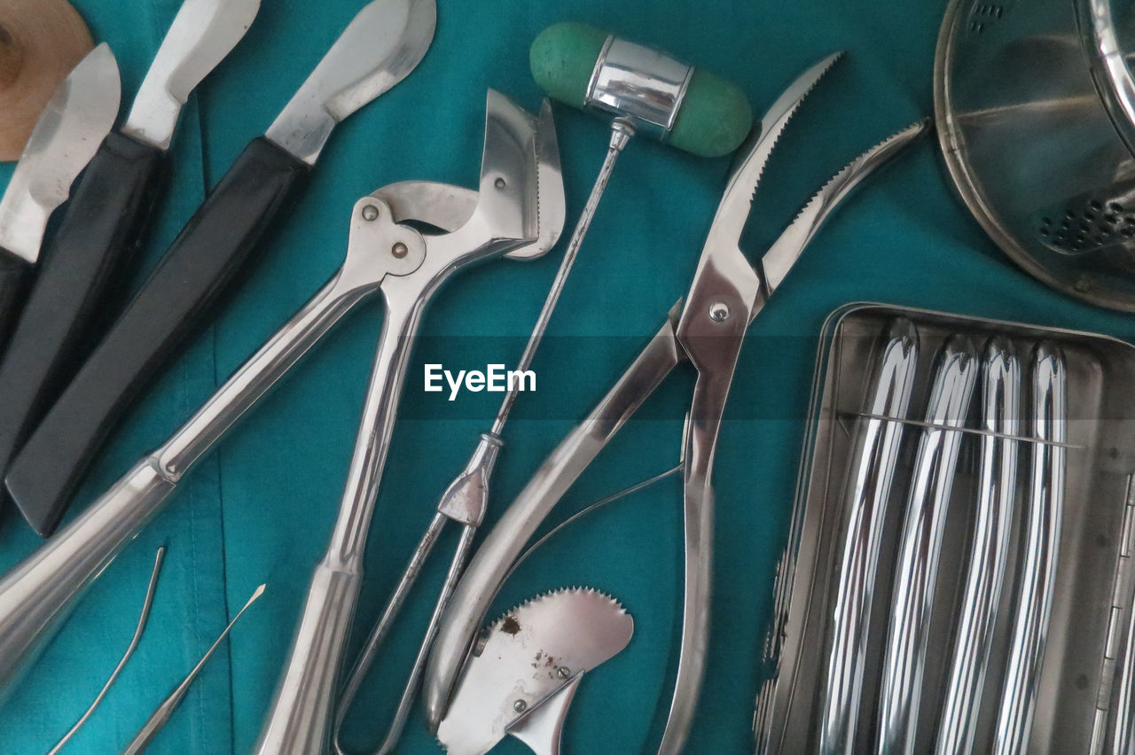 High angle view of dental equipment on table