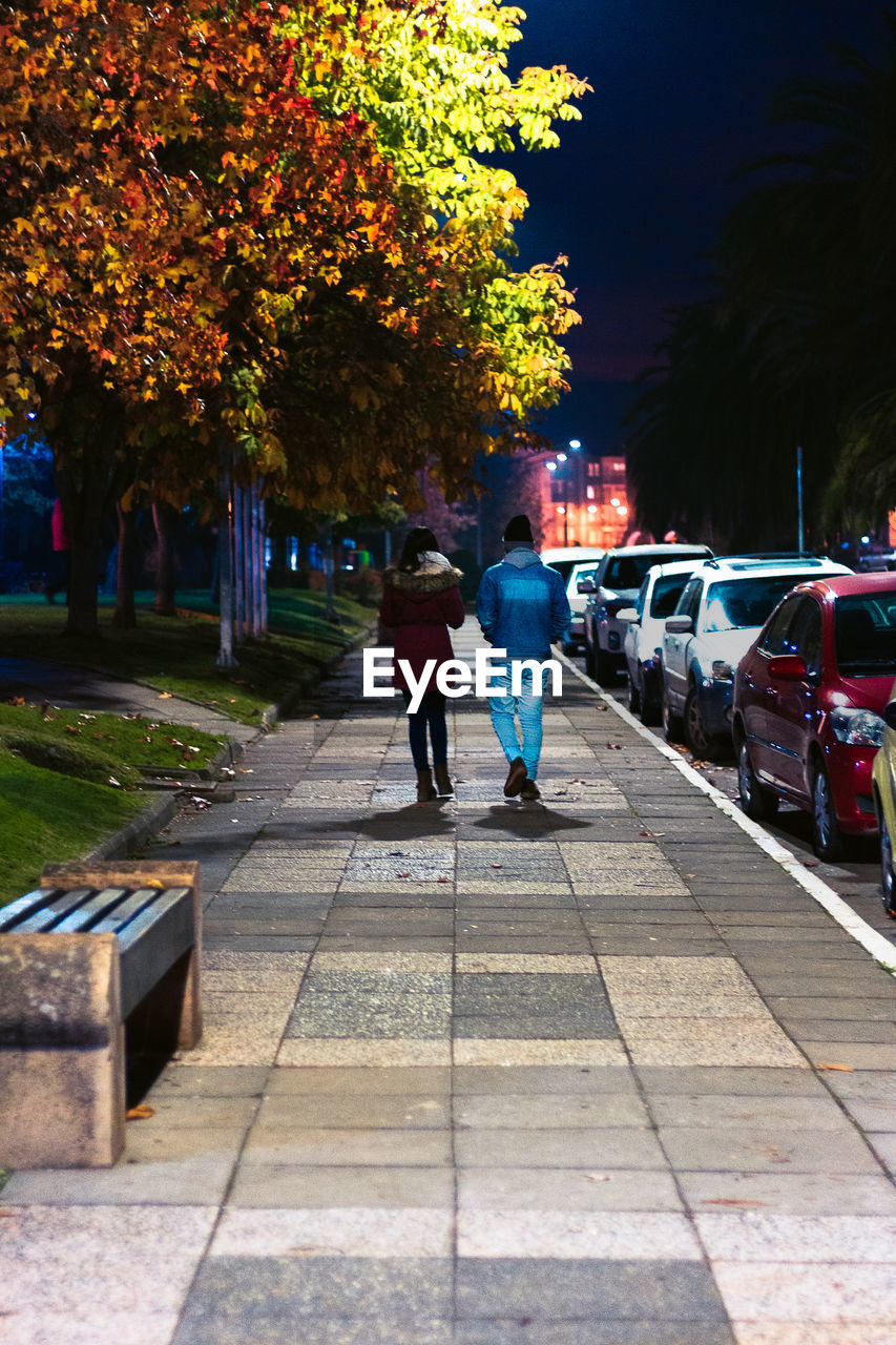 Rear view of couple walking on footpath at night