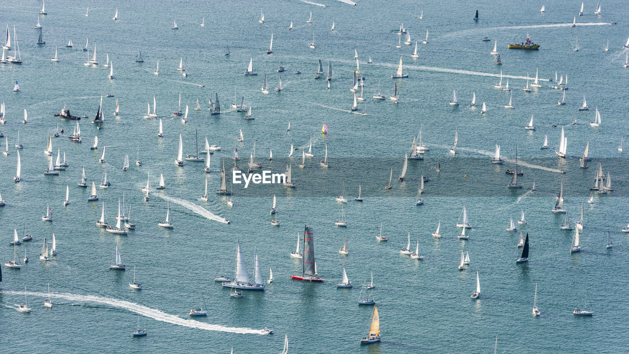 High angle view of sailboats in sea