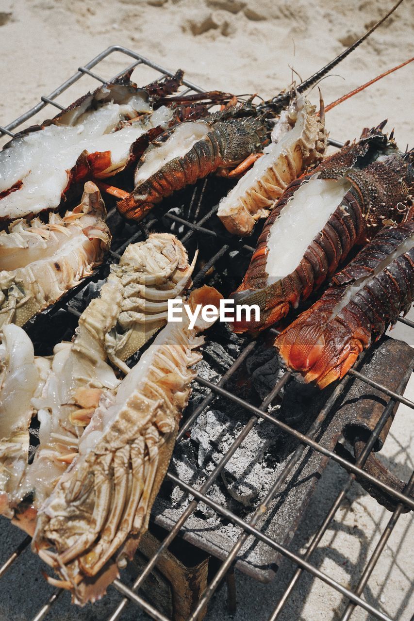 food, food and drink, seafood, freshness, barbecue, barbecue grill, high angle view, grilled, no people, wellbeing, fish, healthy eating, animal, grilling, meat, heat, crustacean, day, grid, metal grate, outdoor grill, outdoors, dish, still life, lobster, grate, preparing food, raw food