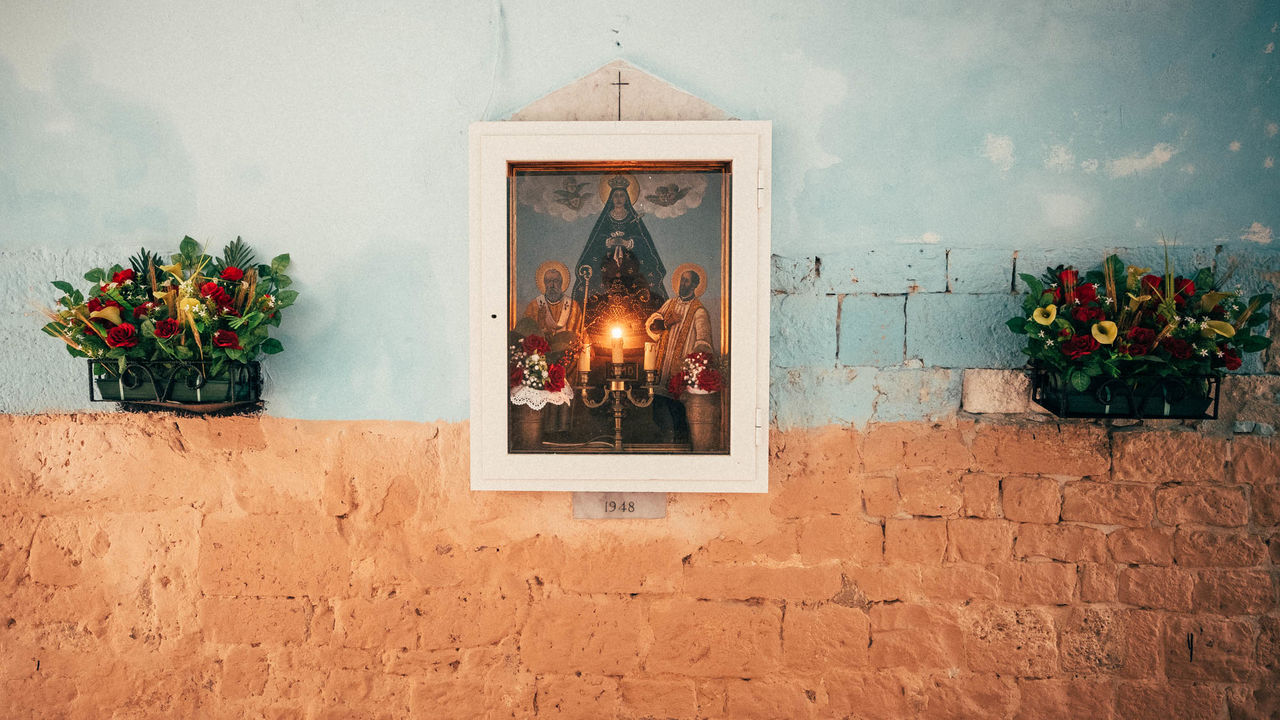 Virgin mary picture frame and flower pots attached to wall