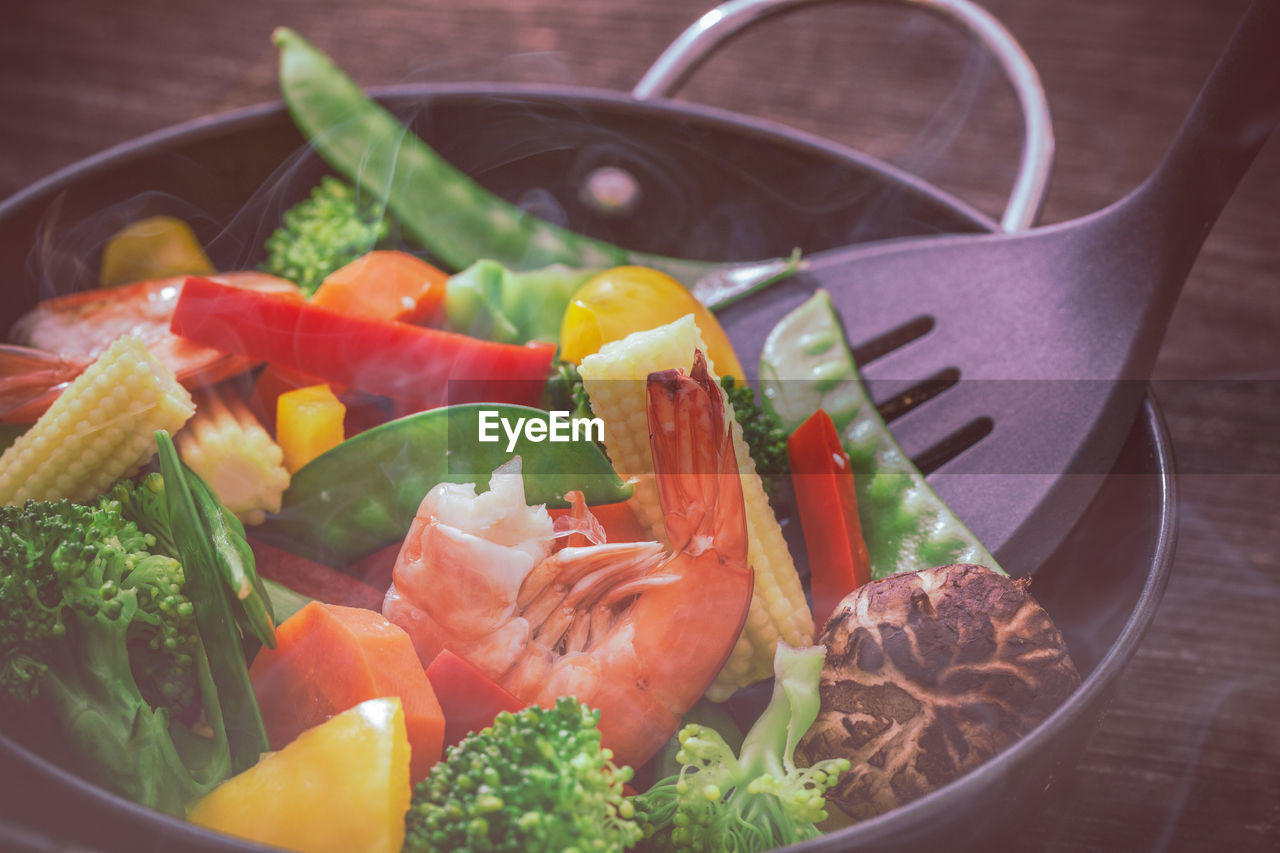 Close-up of vegetables in cooking pan on table
