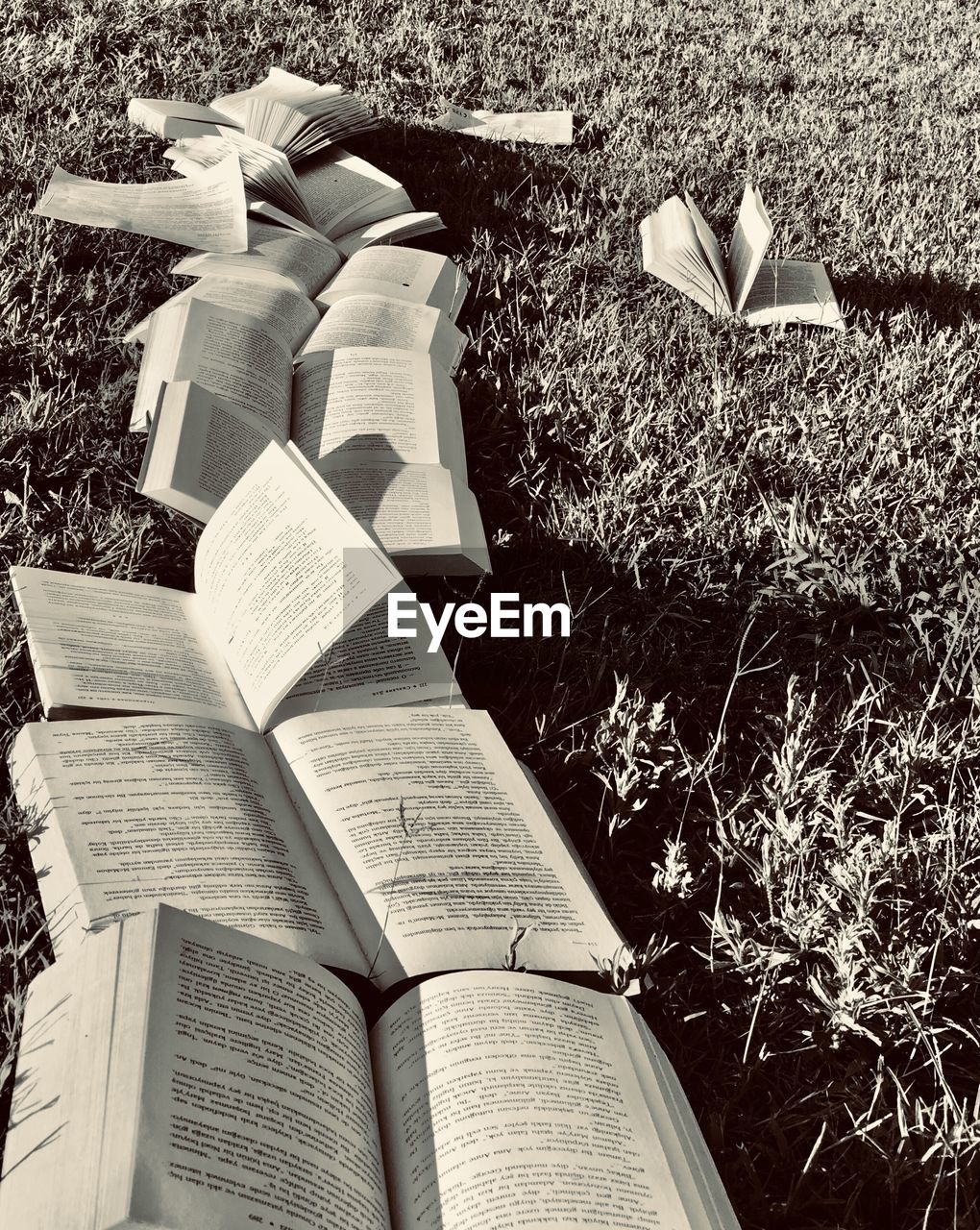 HIGH ANGLE VIEW OF STACK OF BOOKS ON LAND