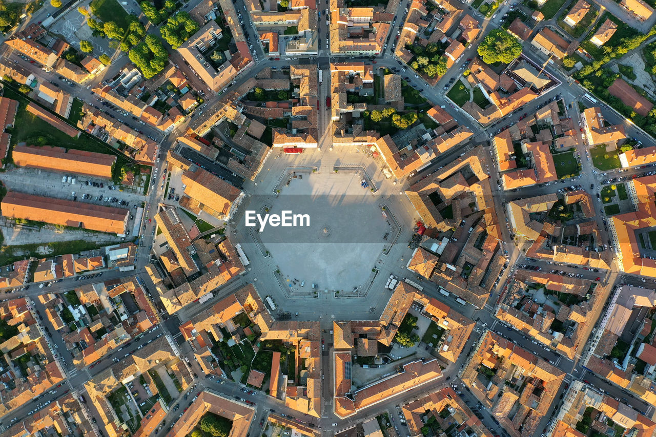 Palmanova aerial view  of hexagonal plan at piazza grande and simmetry  of city at sunset