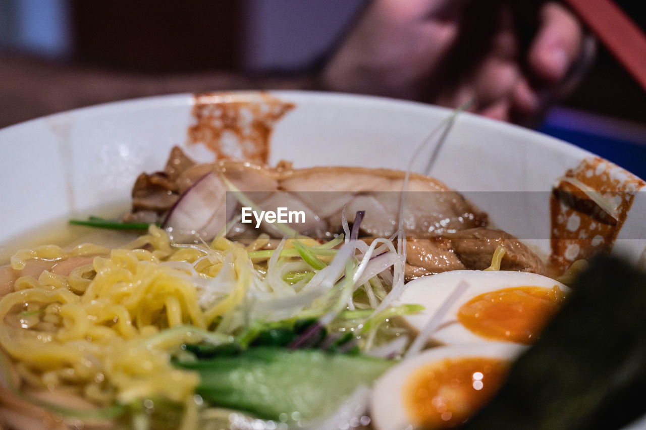 Close-up of ramen served in plate