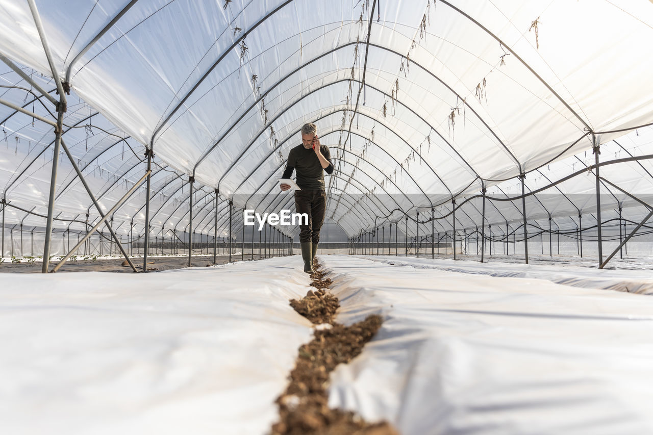 Male farmer talking on phone while using digital tablet in greenhouse