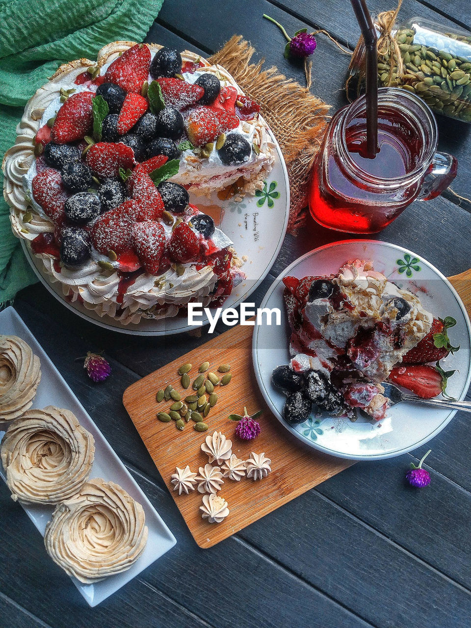High angle view of deserts served on table