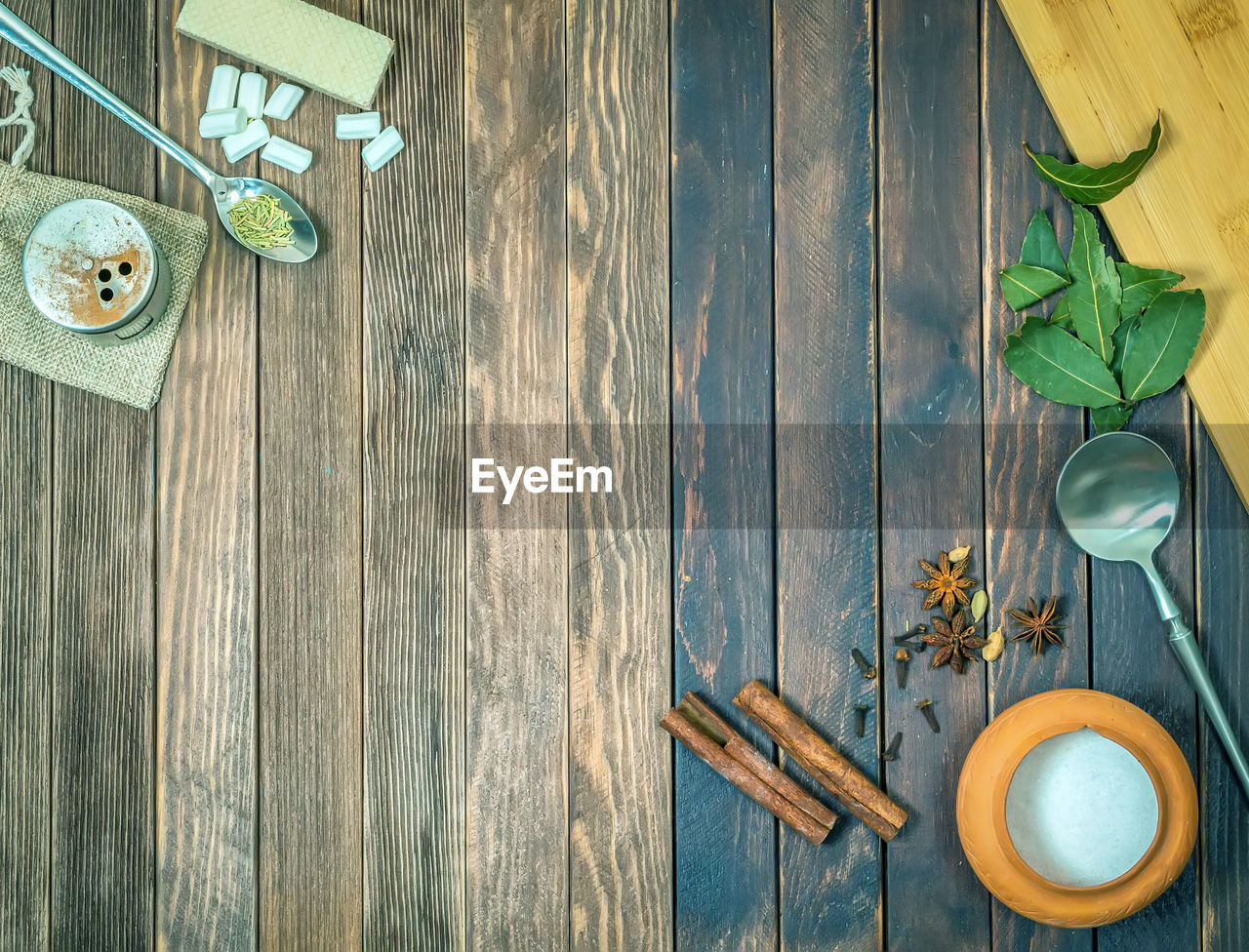 wood, food and drink, table, food, directly above, high angle view, no people, kitchen utensil, healthy eating, freshness, still life, leaf, indoors, eating utensil, plant, wellbeing, plant part, green, household equipment, refreshment, tableware, drink, spoon, nature, painting, rustic, blue
