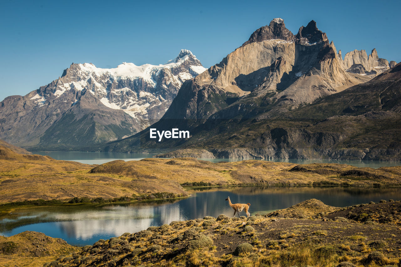 Scenic view of lake and mountains against clear sky