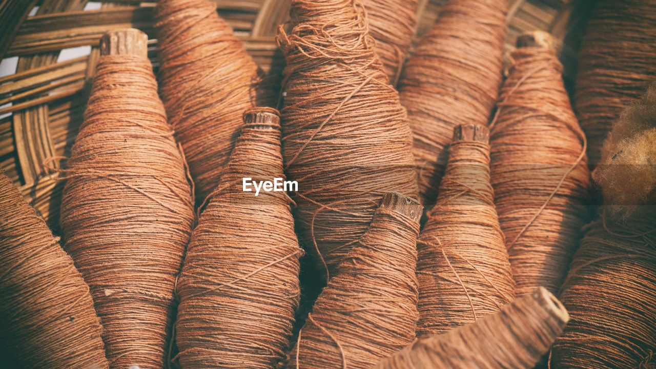Close-up of yarn balls in basket