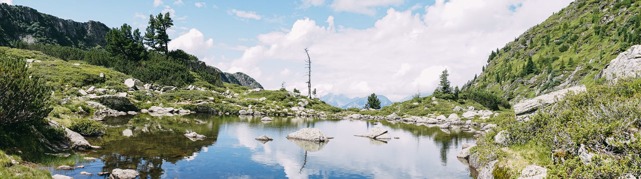 PANORAMIC VIEW OF LAKE AGAINST MOUNTAINS