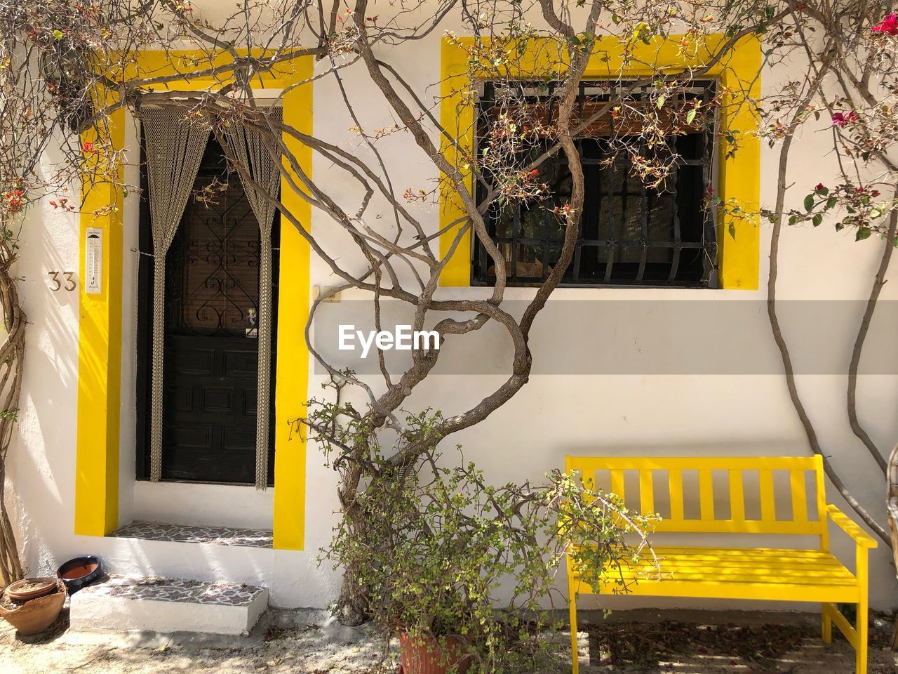 YELLOW ENTRANCE OF BUILDING WITH CLOSED DOOR