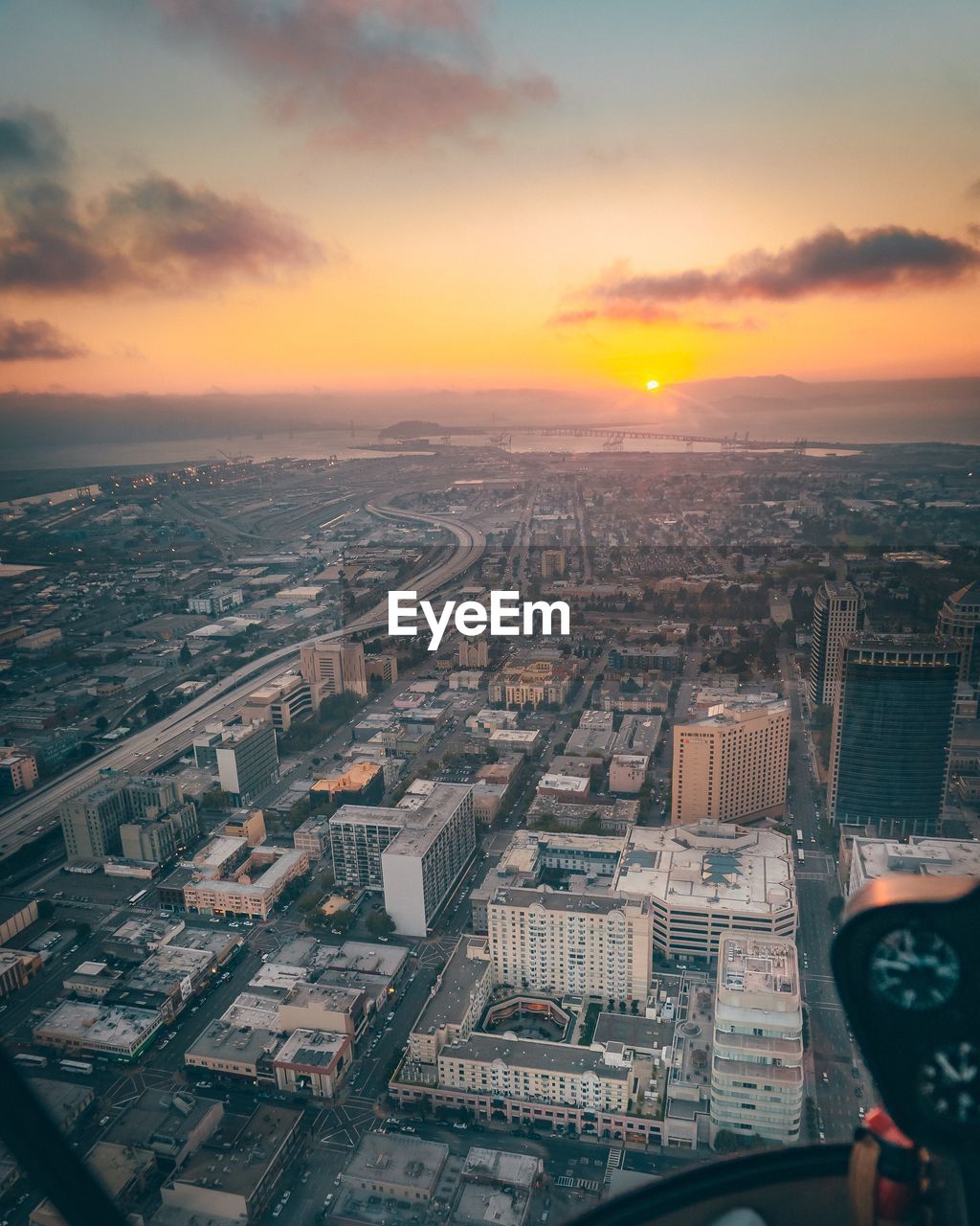 AERIAL VIEW OF CITYSCAPE DURING SUNSET