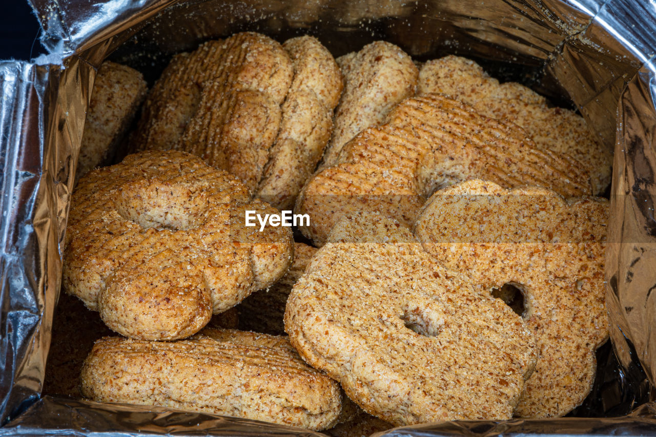 High angle view of biscuits
