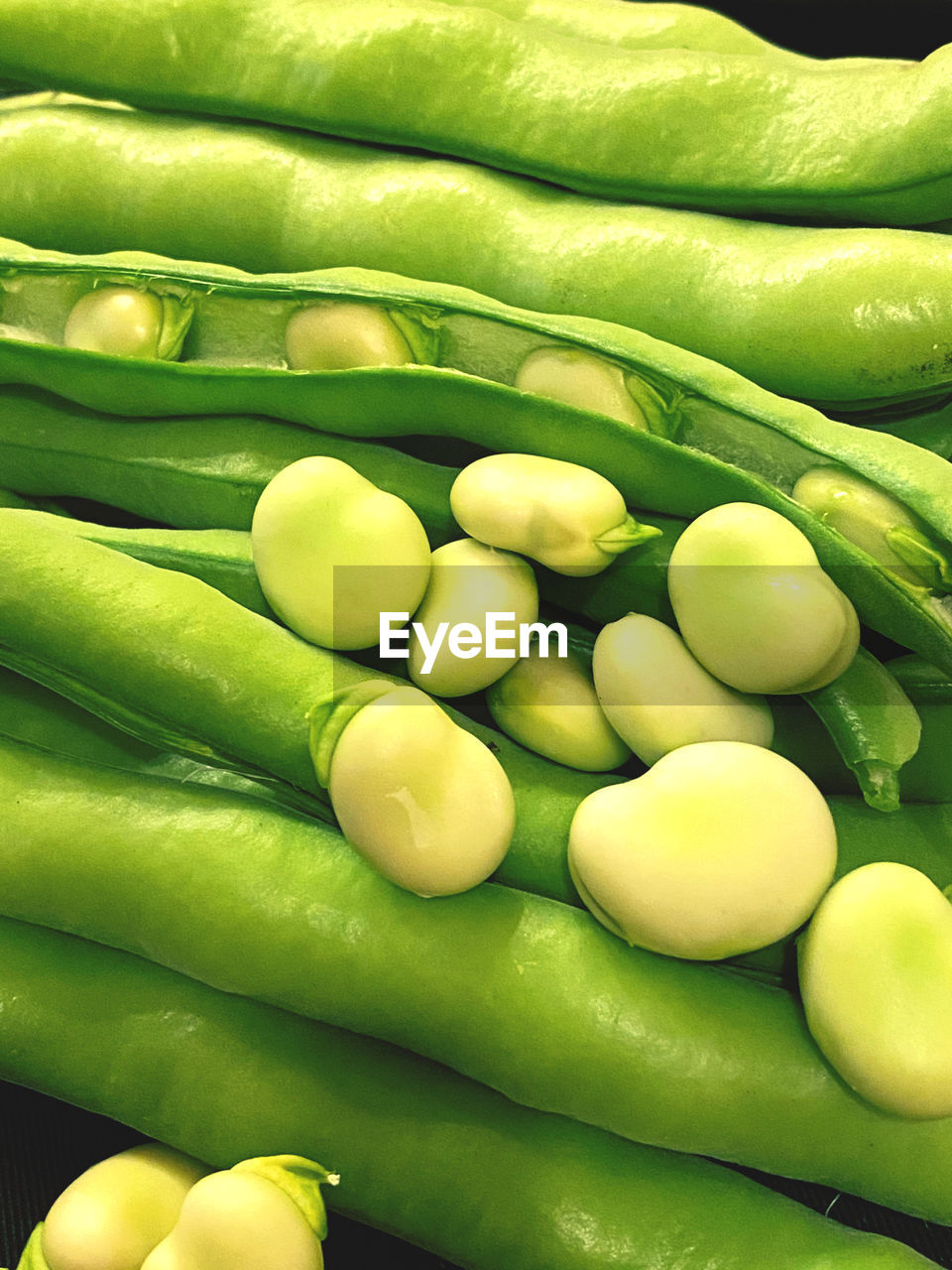 HIGH ANGLE VIEW OF EGGS IN GREEN BEANS