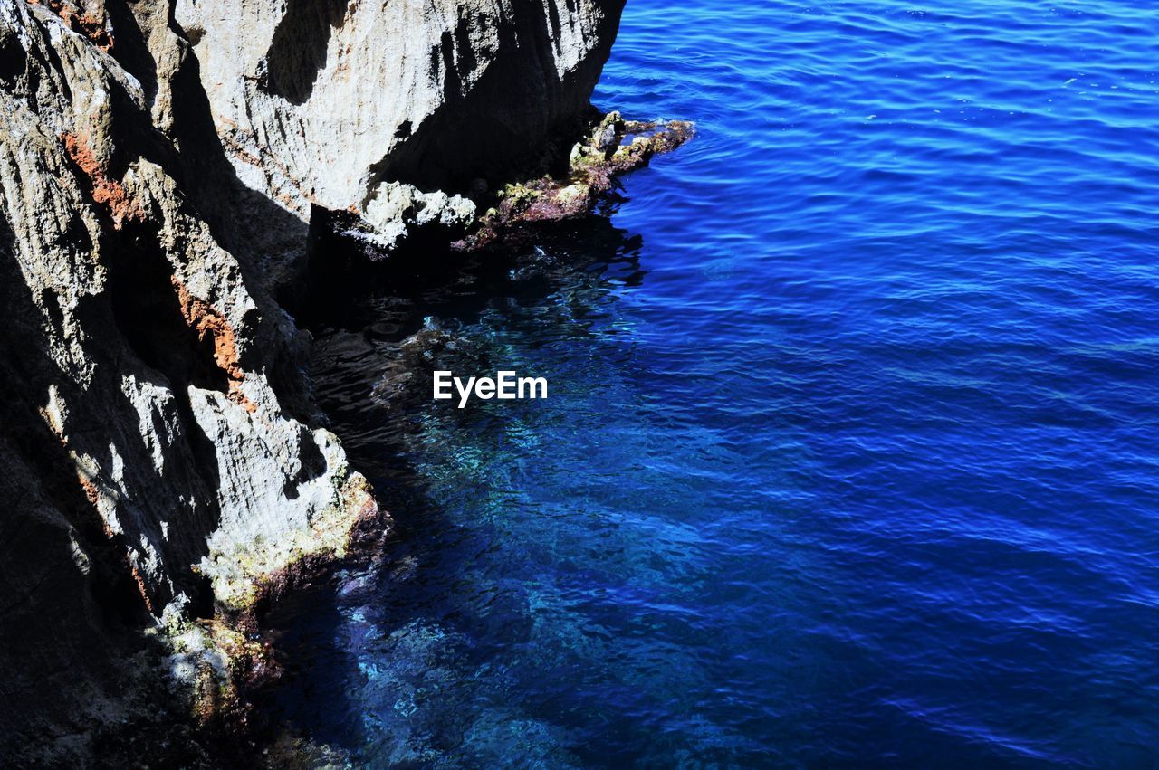 HIGH ANGLE VIEW OF ROCK FORMATION BY SEA