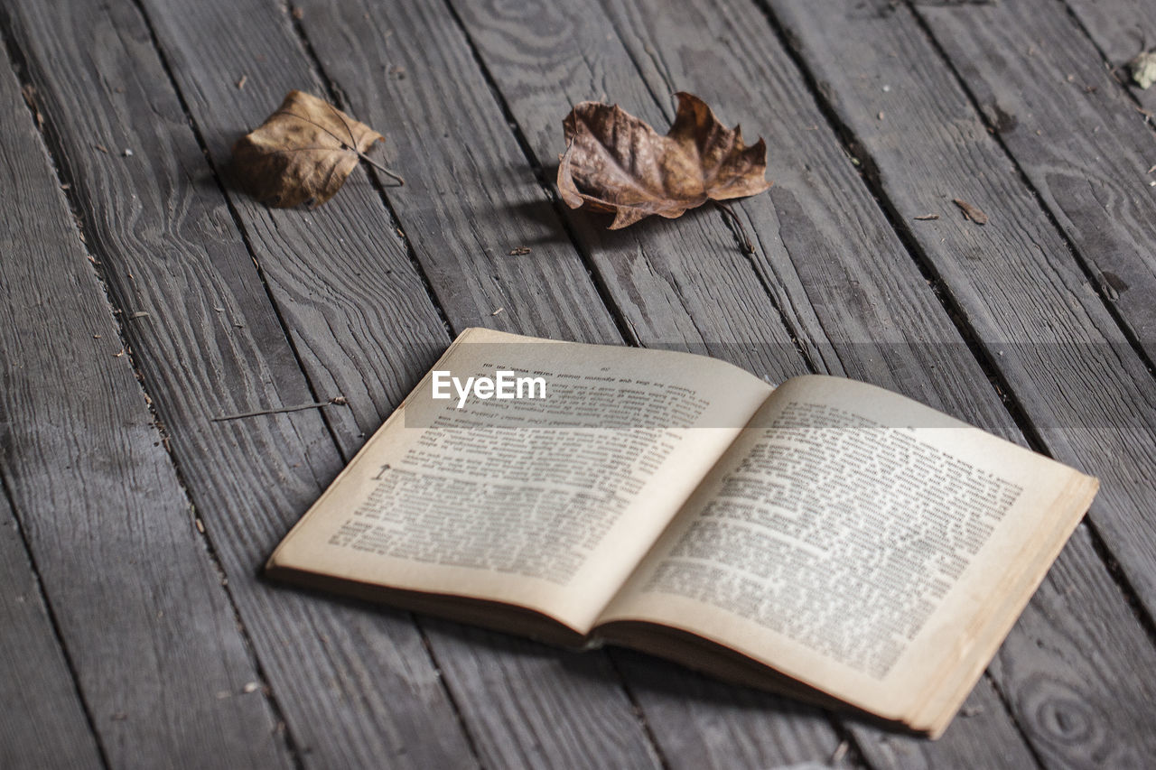High angle view of open book on table