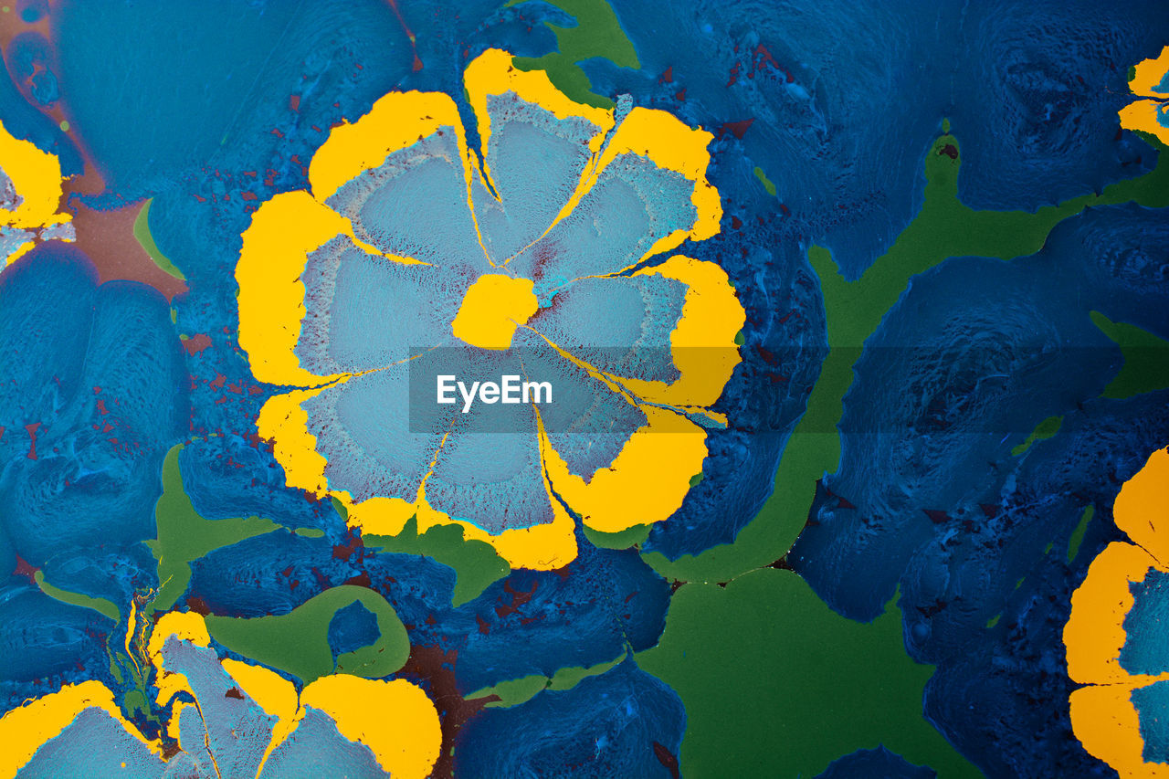 HIGH ANGLE VIEW OF YELLOW FLOWER ON BLUE WATER