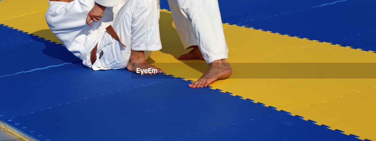 Low section of people playing karate on mat