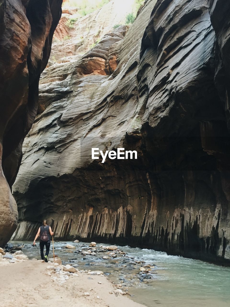 Rear view of hiker walking by stream against caves at zion national park