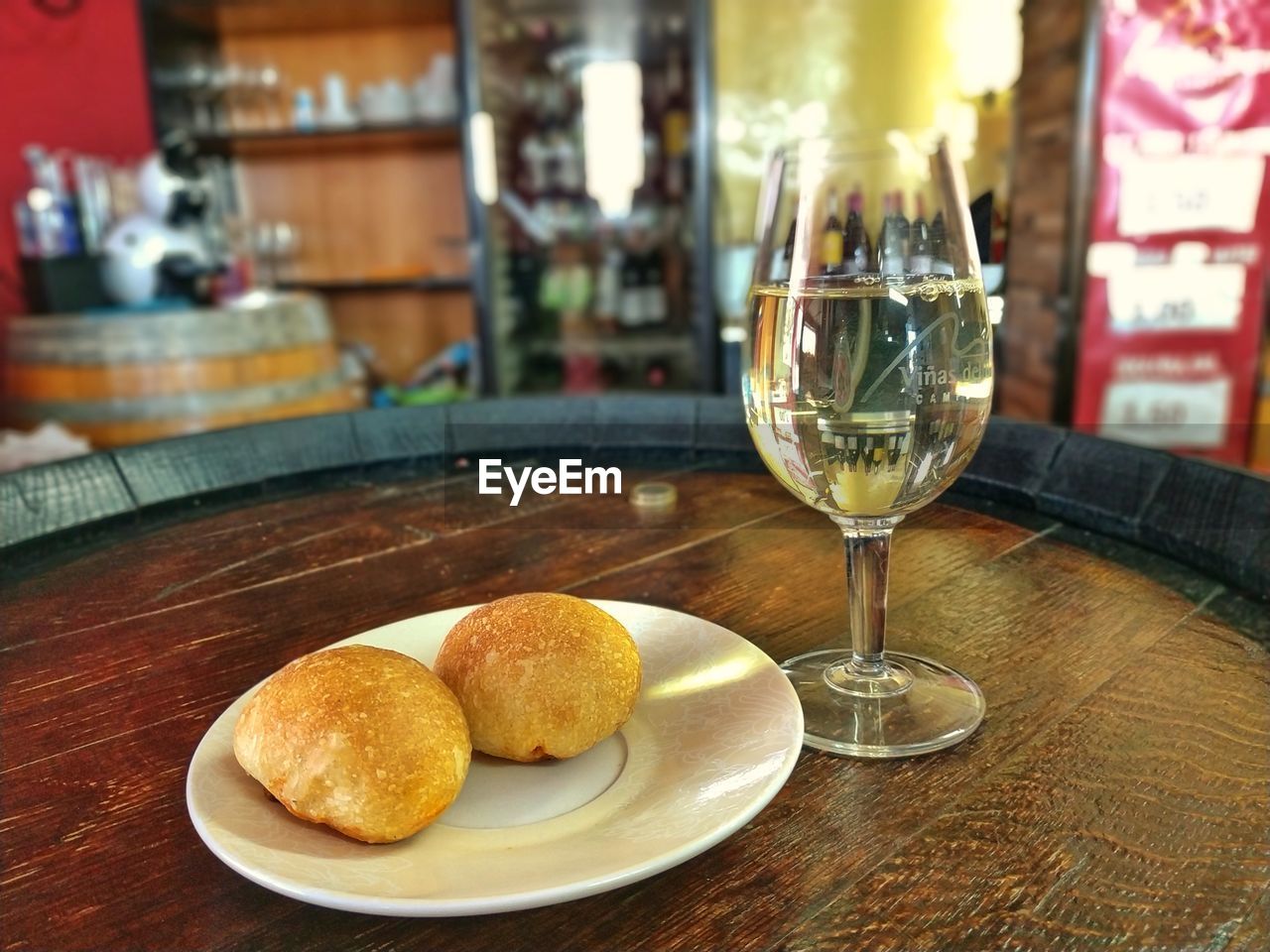 Close-up of food and wineglass